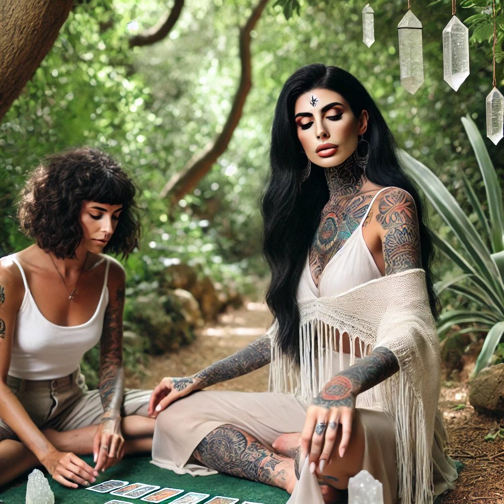 DALL·E 2024-10-01 01.01.31 - In a modern mystical forest, a beautiful Mediterranean woman with long black hair and tattoos is sitting gracefully on the ground. She is performing e